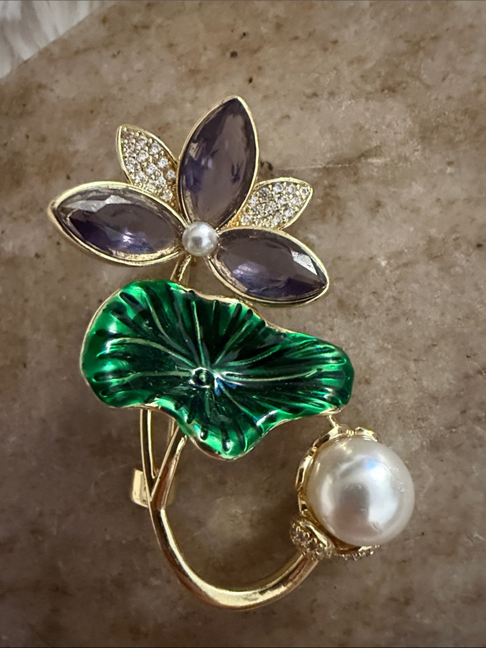 Gold-Tone Floral Pearl Brooch with Green Enamel Leaf